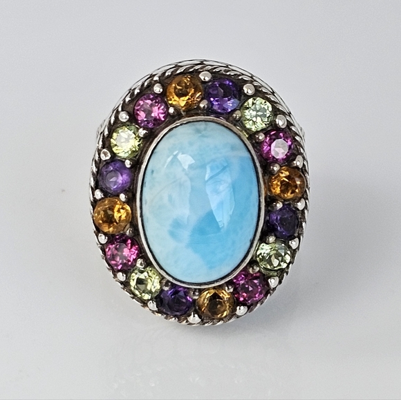 Artisan Crafted Natural Larimar & Multicolor Tourmaline 💍 Sterling Silver Sz 7. - Picture 10 of 12